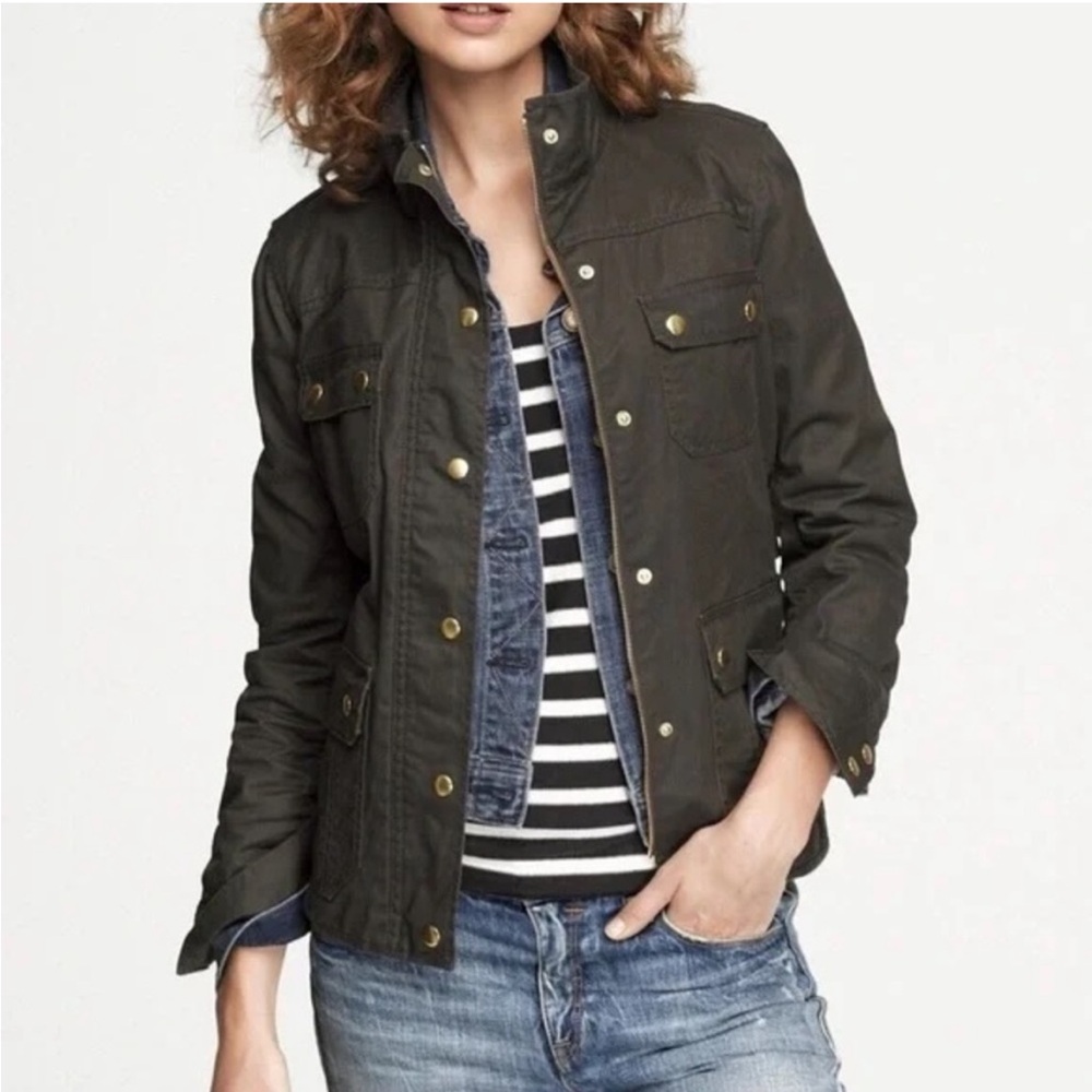 J. CREW The Downtown Field Jacket Resin Coated Olive Green size Small